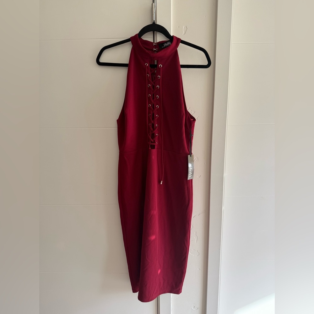 LULUS Hold You Tight Wine Red Lace-Up Bodycon Dress